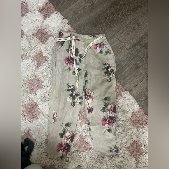 Floral Elastic Tie Waist Linen Trousers - Picture 2 of 7